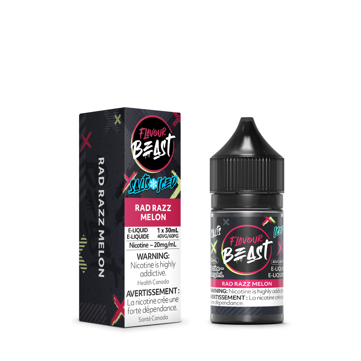 Flavour Beast Rad Razz Melon with fresh raspberries and melon slices, highlighting its bold, fruity, and refreshing taste.