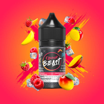 Flavour Beast Ragin' Razz Mango Iced 3mg 30mL displayed against a vibrant fruit-themed background, emphasizing its tangy, cool flavor.