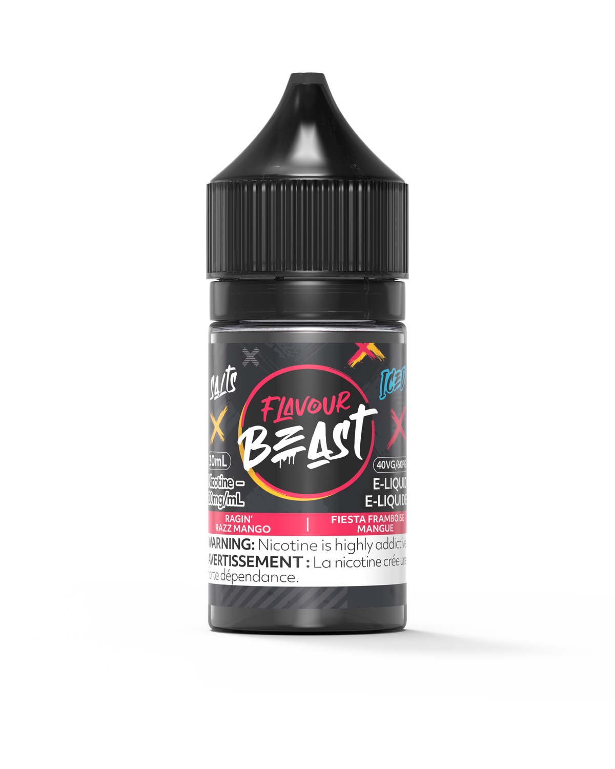 Flavour Beast E-Liquid - Ragin' Razz Mango Iced 3mg 30mL bottle, showcasing bold raspberry and mango flavors with an icy twist.