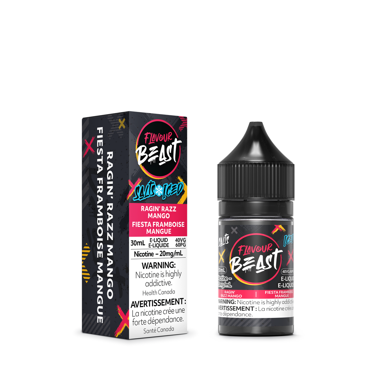 Flavour Beast Ragin' Razz Mango Iced with fresh raspberries, mango slices, and ice cubes, highlighting its bold, fruity taste.