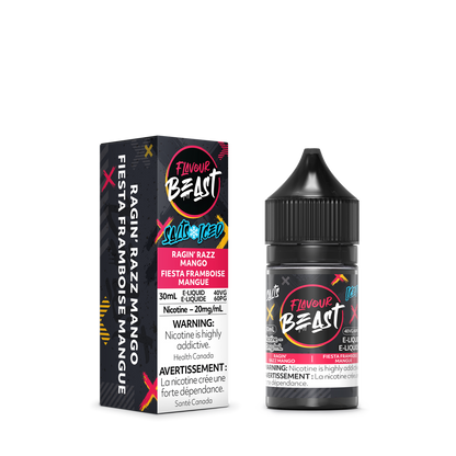 Flavour Beast Ragin' Razz Mango Iced with fresh raspberries, mango slices, and ice cubes, highlighting its bold, fruity taste.