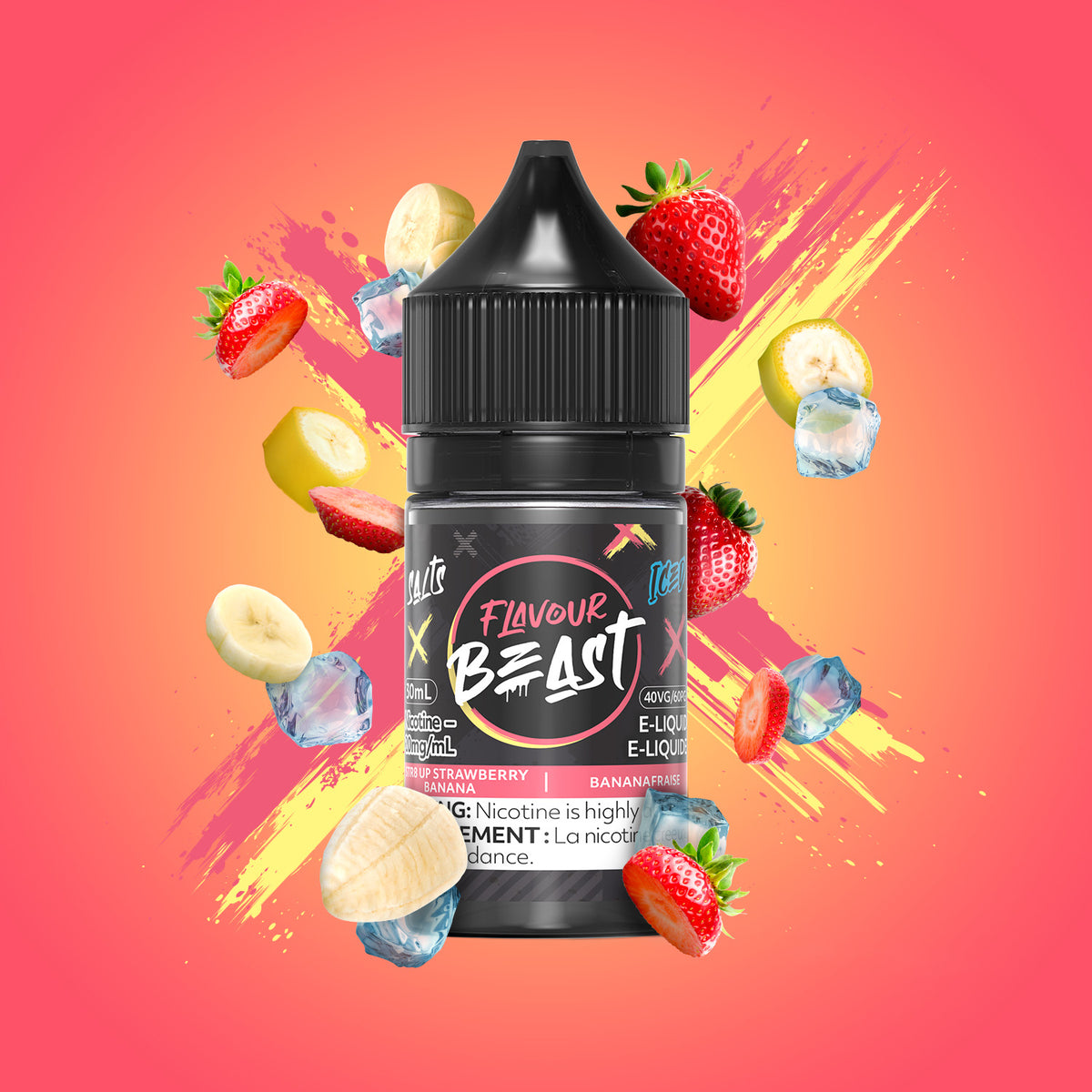 Flavour Beast STR8 UP Strawberry Banana Iced 3mg 30mL displayed against a vibrant, fruity background, emphasizing its creamy, cool flavor.