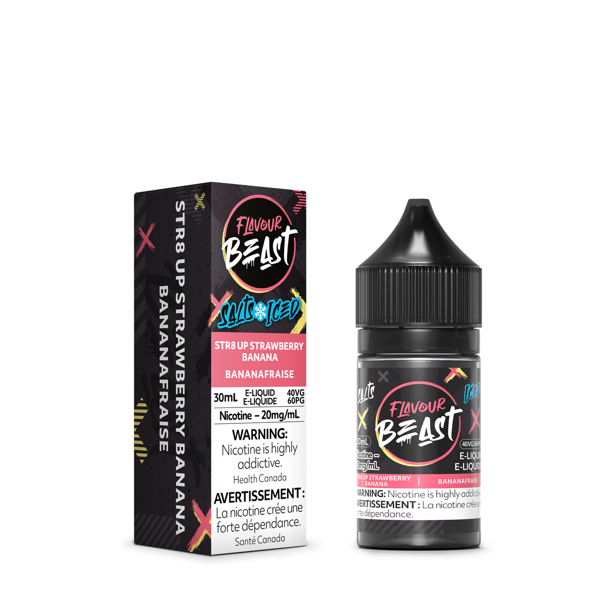 Flavour Beast STR8 UP Strawberry Banana Iced with fresh strawberries, banana slices, and ice cubes, highlighting its bold, fruity taste.