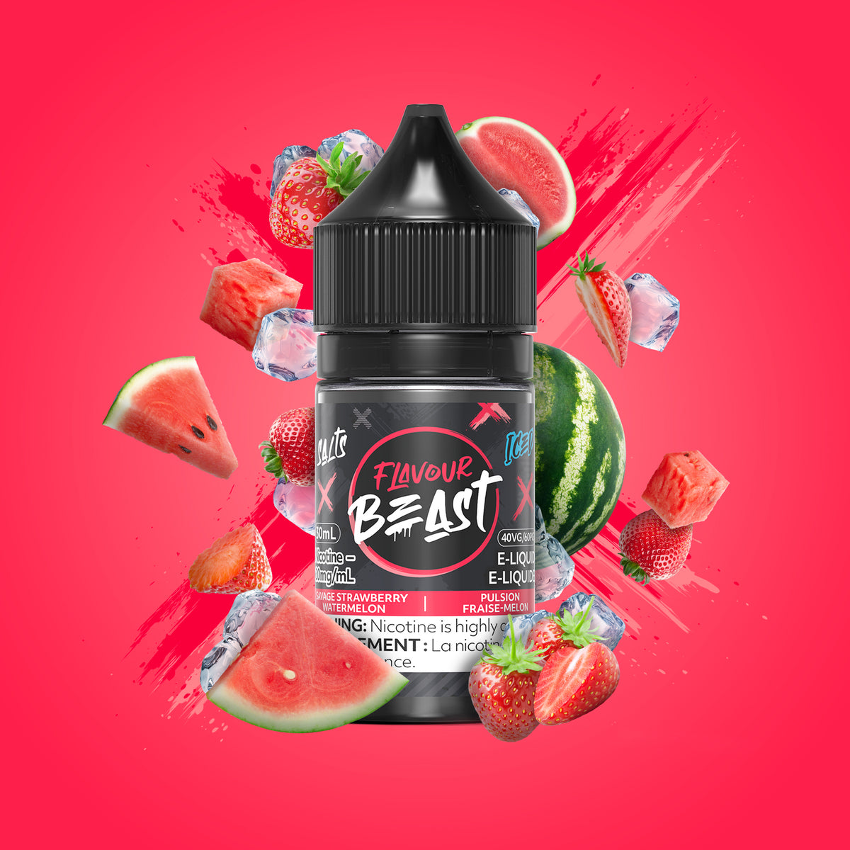 Flavour Beast Savage Strawberry Watermelon Iced 3mg 30mL displayed against a vibrant fruit-themed background, emphasizing its juicy, cool flavor.