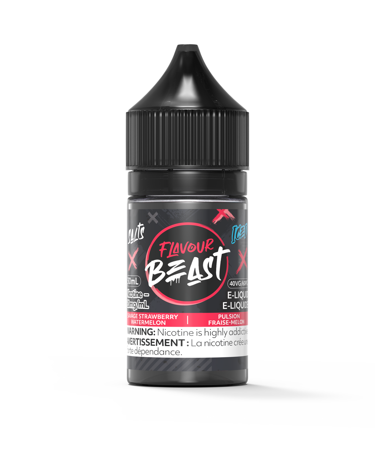 Flavour Beast E-Liquid - Savage Strawberry Watermelon Iced 3mg 30mL bottle, showcasing bold strawberry and watermelon flavors with an icy twist.