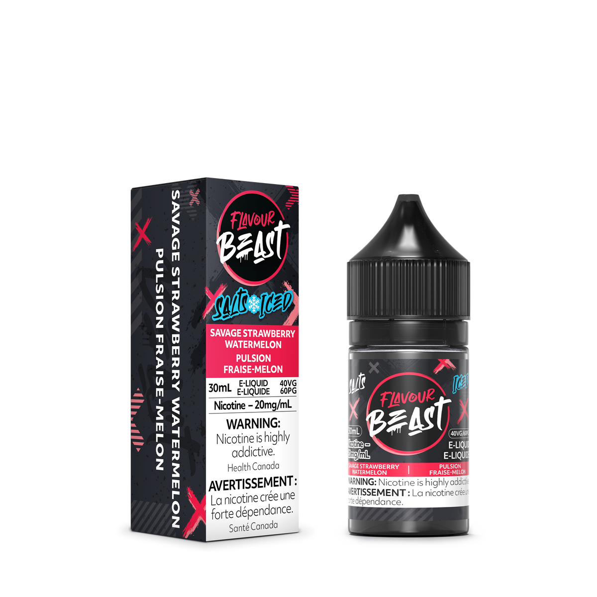 Flavour Beast Savage Strawberry Watermelon Iced with fresh strawberries, watermelon slices, and ice cubes, highlighting its bold, fruity taste.