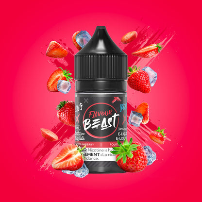 Flavour Beast Sic Strawberry Iced 3mg 30mL displayed against a vibrant strawberry-themed background, emphasizing its juicy, cool flavor.