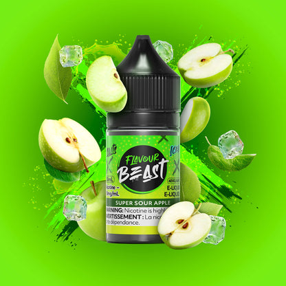 Flavour Beast Super Sour Apple 3mg 30mL displayed against a vibrant apple-themed background, emphasizing its tangy, cool flavor.