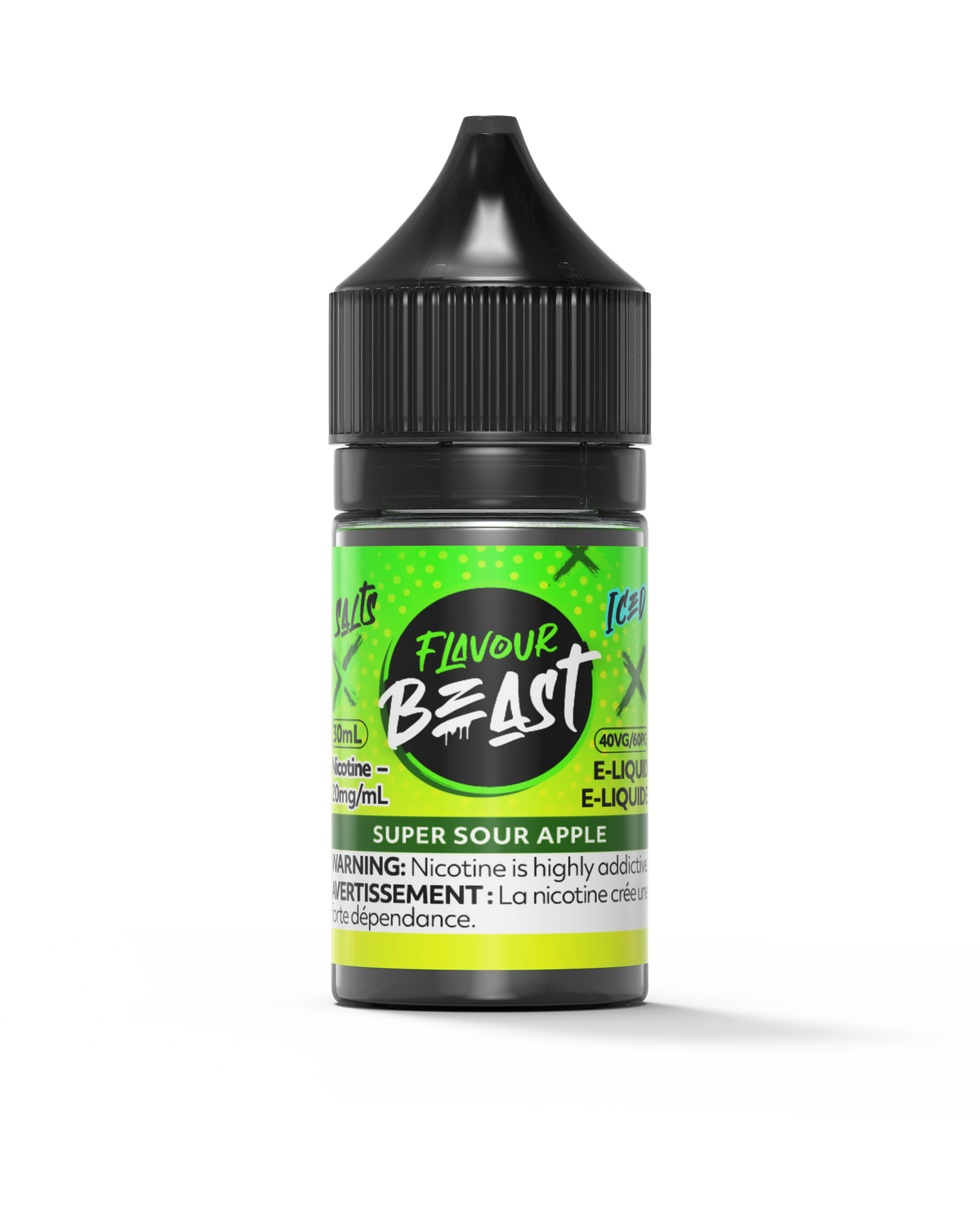 Flavour Beast Super Sour Apple with fresh green apple slices and ice cubes, highlighting its bold, fruity, and refreshing taste.