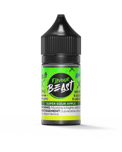 Flavour Beast Super Sour Apple with fresh green apple slices and ice cubes, highlighting its bold, fruity, and refreshing taste.