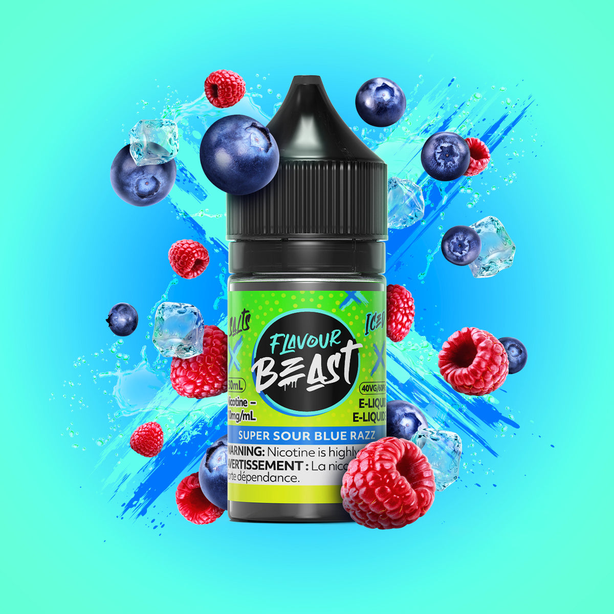 Flavour Beast Super Sour Blue Razz 3mg 30mL displayed against a vibrant berry-themed background, emphasizing its tangy, cool flavor.