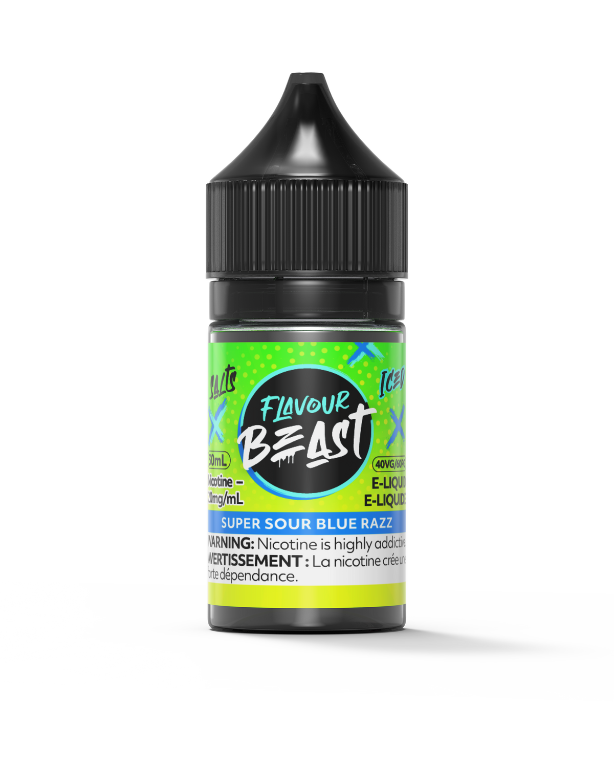 Flavour Beast E-Liquid - Super Sour Blue Razz 3mg 30mL bottle, showcasing its tangy blue raspberry flavor with a sour, icy twist.