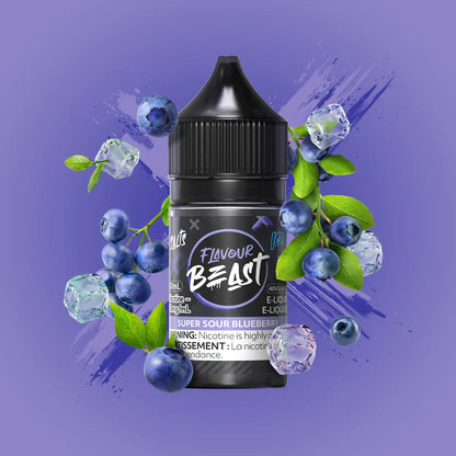 Flavour Beast Super Sour Blueberry Iced 3mg 30mL displayed against a vibrant berry-themed background, emphasizing its tangy, cool flavor.