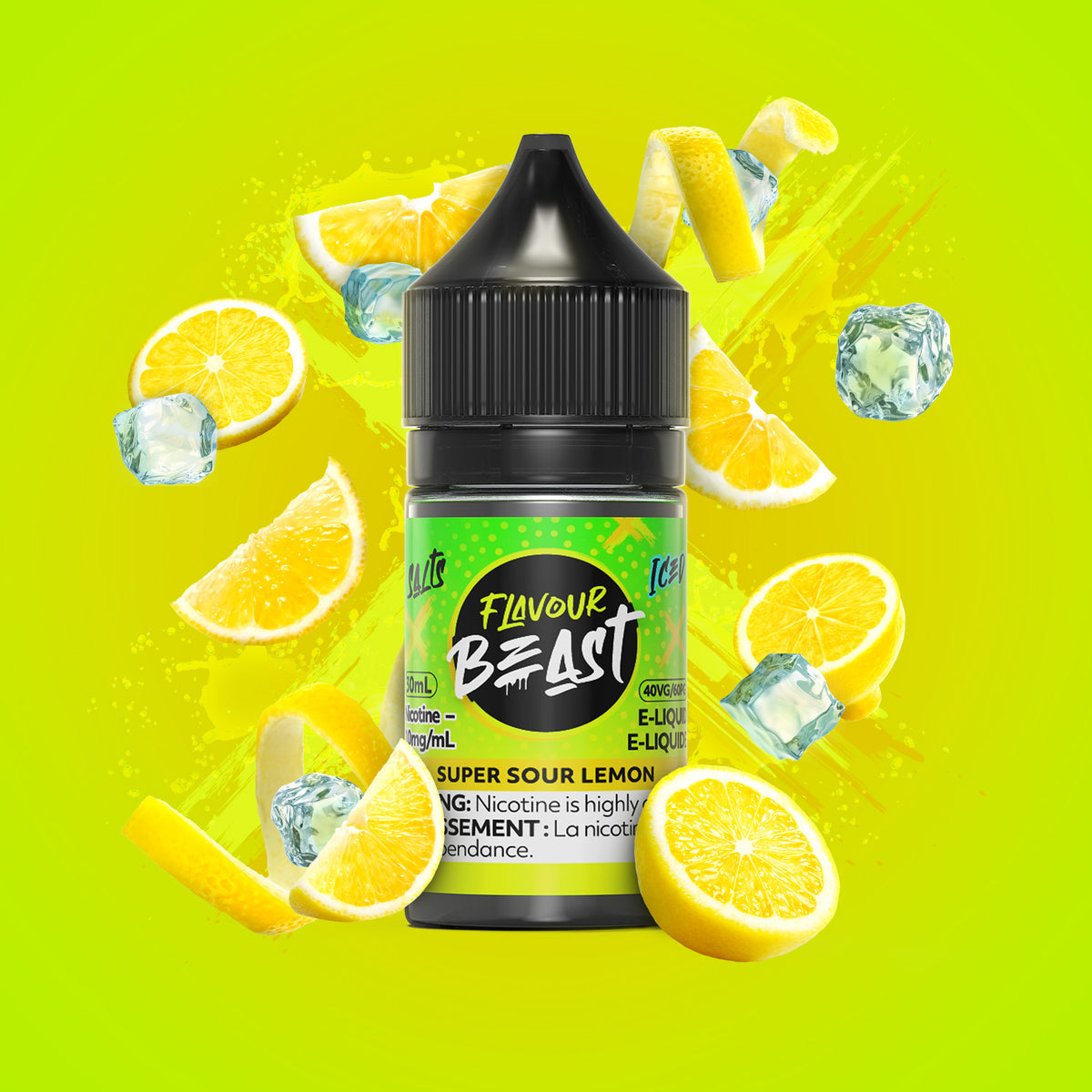 Flavour Beast Super Sour Lemon 3mg 30mL displayed against a vibrant citrus-themed background, emphasizing its zesty, refreshing flavor.