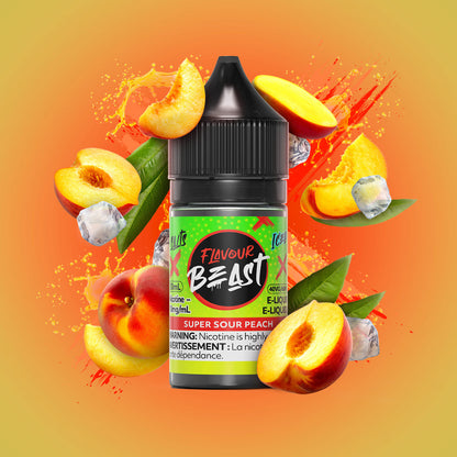 Flavour Beast Super Sour Peach 3mg 30mL displayed against a vibrant, fruity background, emphasizing its juicy, sour, and cool flavor.