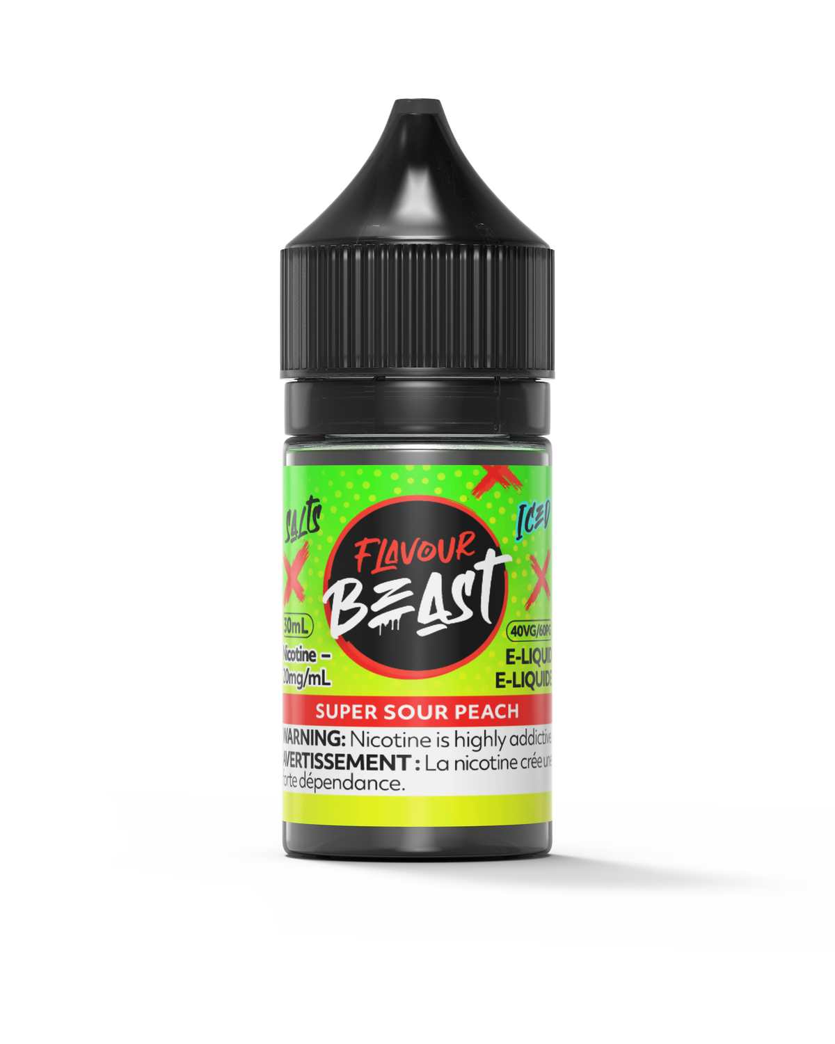 Flavour Beast E-Liquid - Super Sour Peach 3mg 30mL bottle, showcasing its juicy peach flavor with a sour, icy twist.