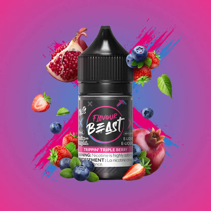 Flavour Beast Trippin' Triple Berry 3mg 30mL displayed against a vibrant berry-themed background, emphasizing its bold, juicy flavor.