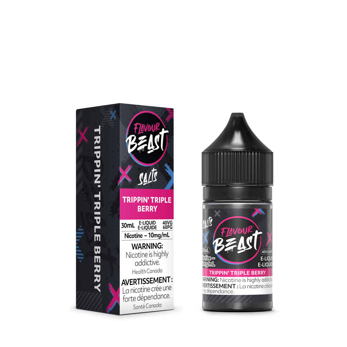 Flavour Beast Trippin' Triple Berry with fresh strawberries, raspberries, and blueberries, highlighting its juicy, fruity taste.