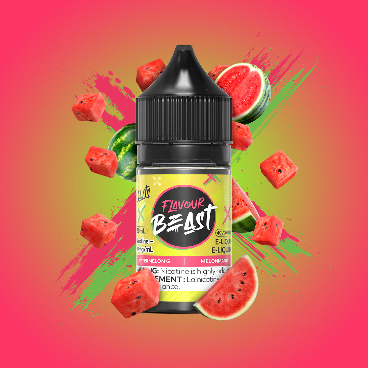 Flavour Beast Watermelon G 3mg 30mL displayed against a vibrant, summer-themed background, emphasizing its bold, juicy flavor.