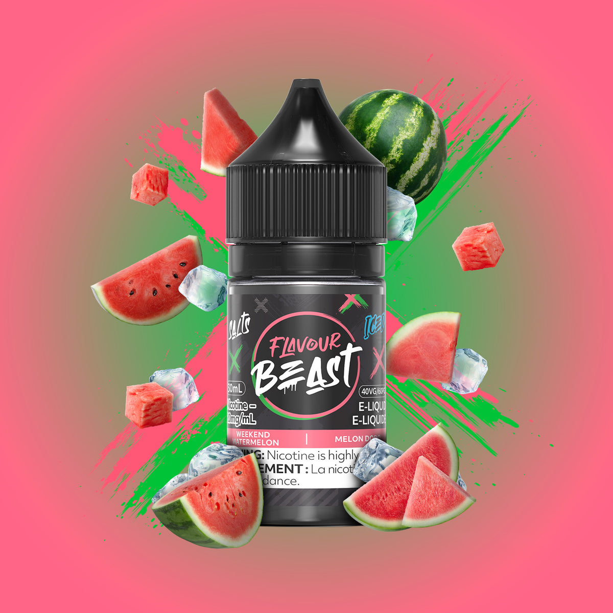 Flavour Beast Weekend Watermelon Iced 3mg 30mL displayed against a refreshing, summer-themed background, emphasizing its bold, juicy profile.