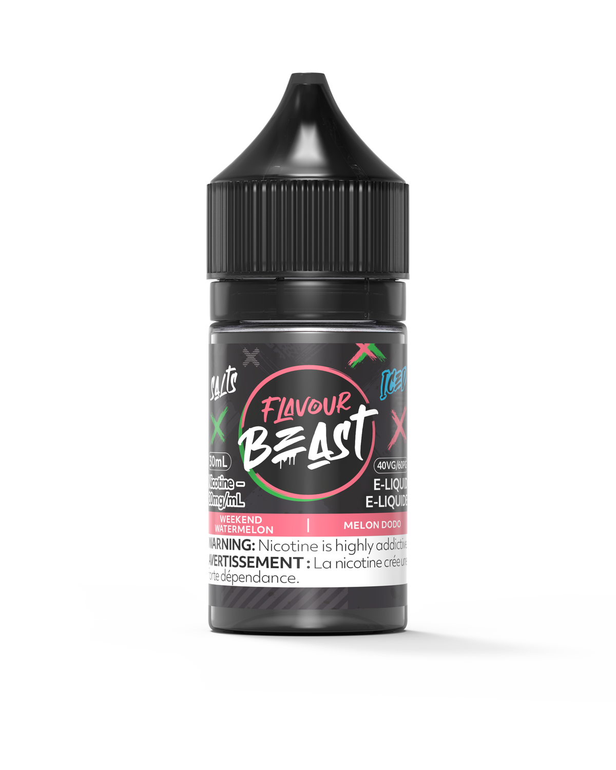 Flavour Beast E-Liquid - Weekend Watermelon Iced 3mg 30mL bottle, showcasing its juicy watermelon flavor with an icy finish.