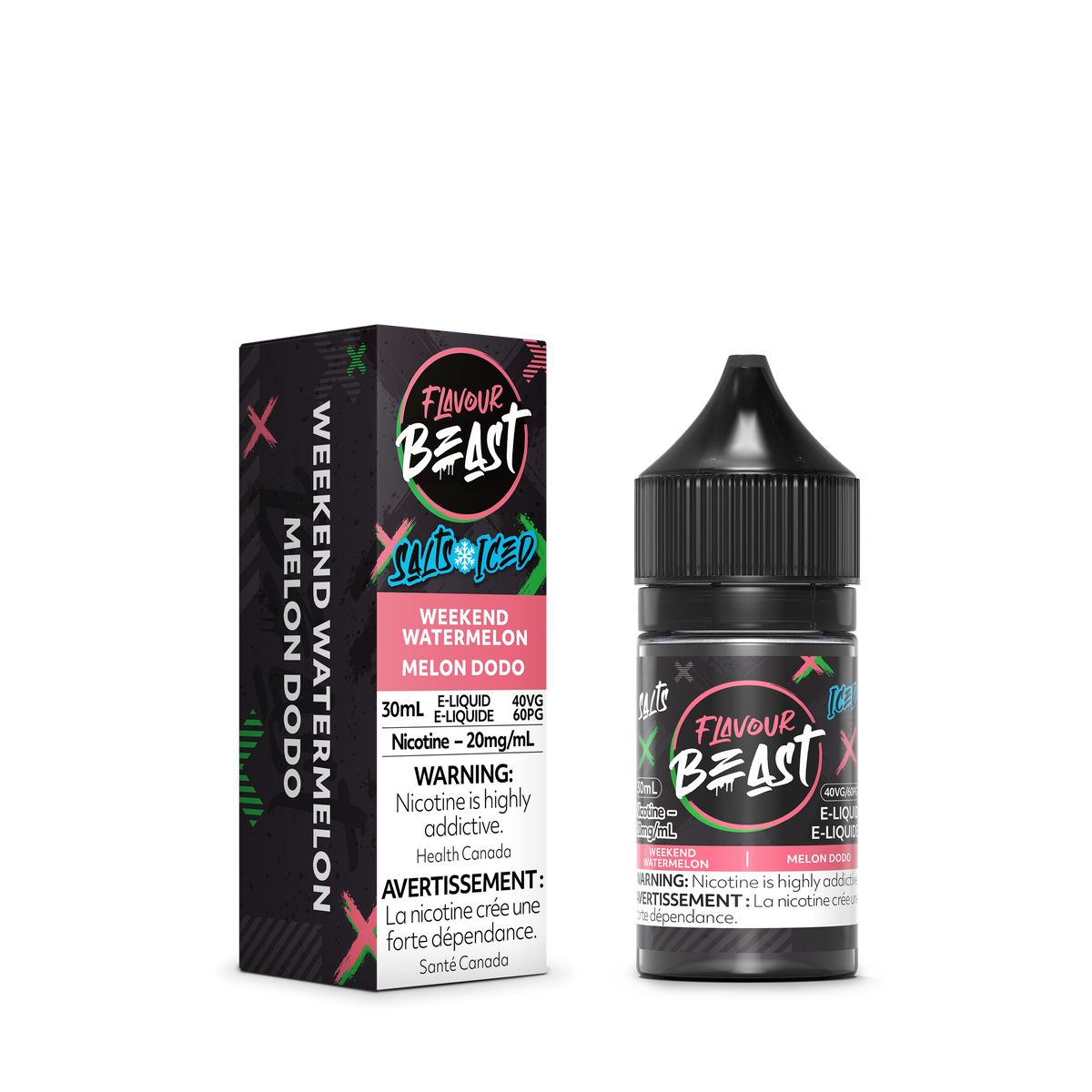 Flavour Beast Weekend Watermelon Iced with fresh watermelon slices and ice cubes, highlighting its cool, fruity taste.