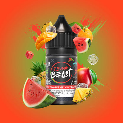 Flavour Beast Woke Watermelon Tropica 3mg 30mL displayed against a vibrant, tropical-themed background, emphasizing its refreshing, bold profile.