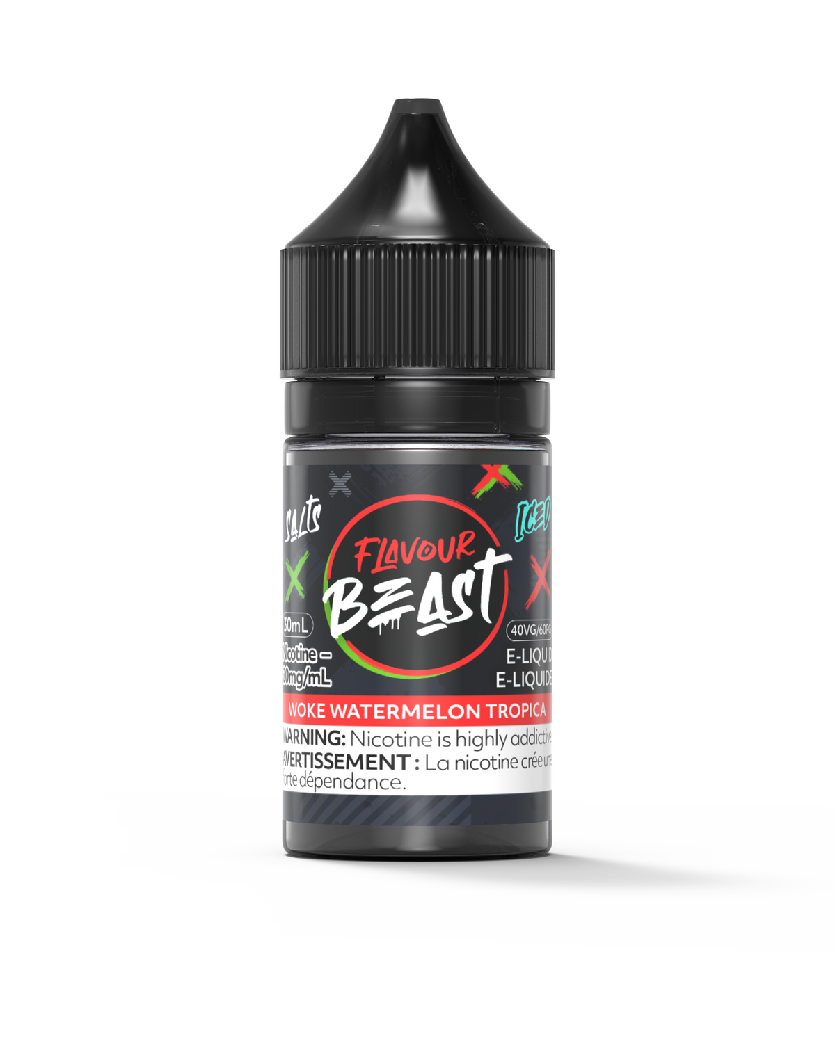 Flavour Beast E-Liquid - Woke Watermelon Tropica 3mg 30mL bottle, showcasing its icy watermelon, pineapple, and mango flavor.