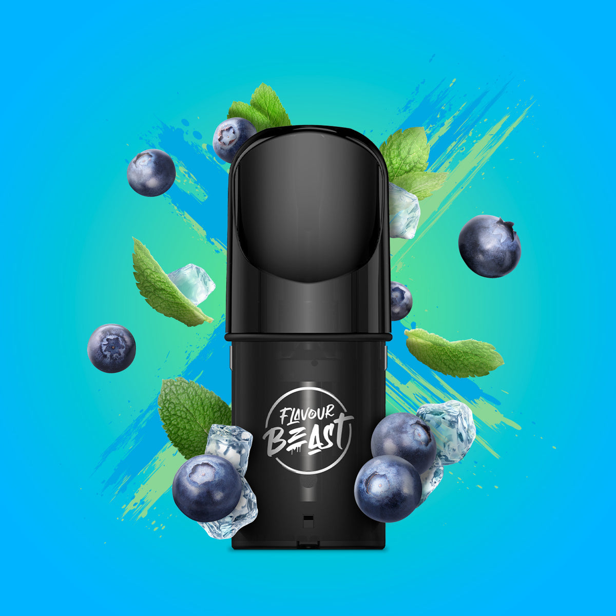 Flavour Beast Pod Pack - Blessed Blueberry Mint Iced displayed against a vibrant blueberry-themed background with icy elements, emphasizing its refreshing profile.