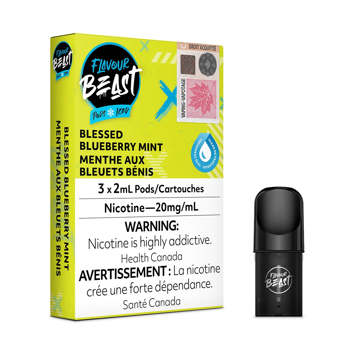 Flavour Beast Pod Pack - Blessed Blueberry Mint Iced 3-pack up close, showcasing sleek design and blueberry-mint flavor.