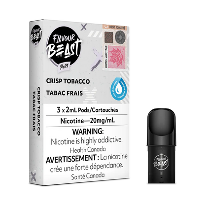 Flavour Beast Pod Pack - Crisp Tobacco placed with minimalistic tobacco accents, emphasizing its subtle and crisp essence.