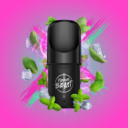 Flavour Beast Pod Pack - Mystiq Mint Iced displayed against a refreshing mint-themed background with frosty elements, emphasizing its aromatic and frosty profile.