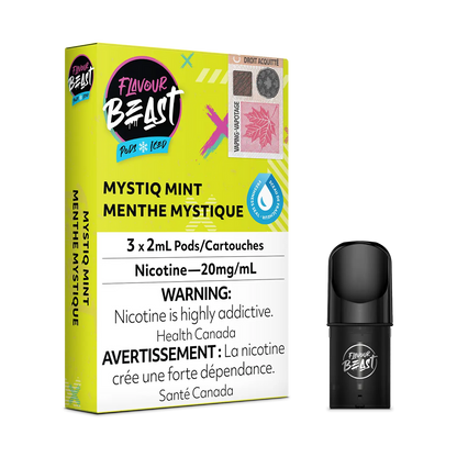 Flavour Beast Pod Pack - Mystiq Mint Iced placed with fresh mint leaves and icy accents, highlighting its bold and cooling essence.