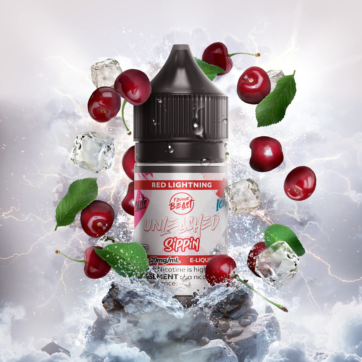 Flavour Beast Red Lightning e-liquid bottle with a lightning bolt design and citrus-inspired elements, representing its vibrant and zesty essence.