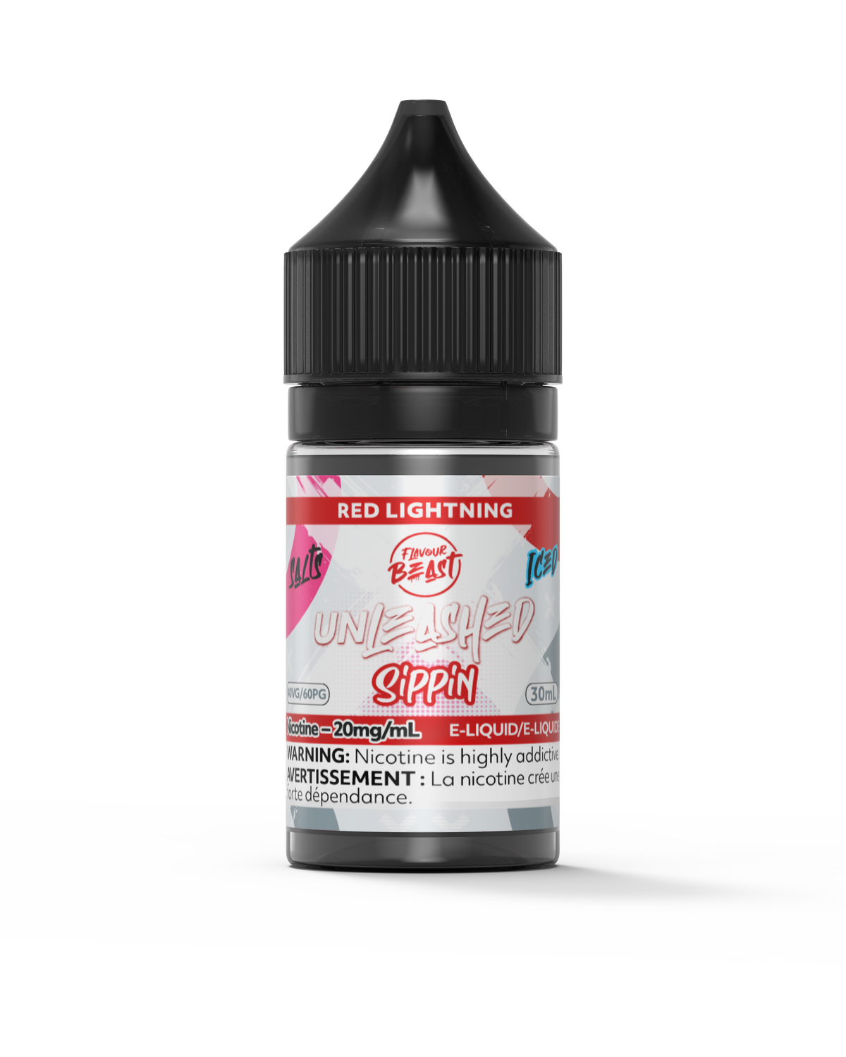 Flavour Beast Unleashed Sippin Red Lightning e-liquid bottle in a close-up, showcasing its zesty and tangy burst of flavor.