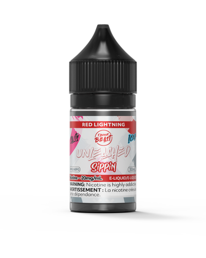 Flavour Beast Unleashed Sippin Red Lightning e-liquid bottle in a close-up, showcasing its zesty and tangy burst of flavor.