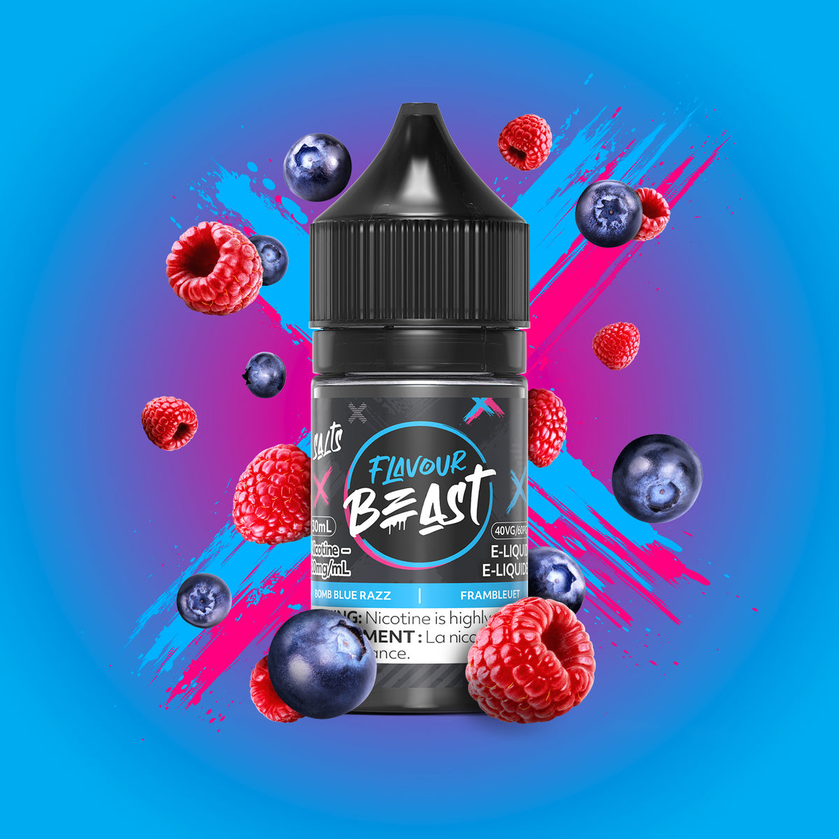 Flavour Beast Bomb Blue Razz 3mg 30mL displayed with a vibrant berry explosion, emphasizing its bold, fruity flavor.