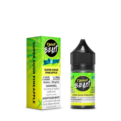 Flavour Beast Super Sour Pineapple with fresh pineapple slices and ice cubes, highlighting its bold, tropical taste.