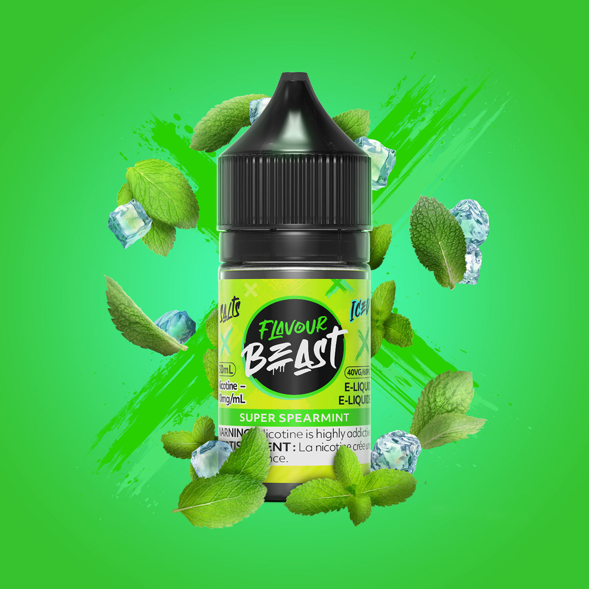 Flavour Beast Super Spearmint 3mg 30mL displayed against an icy, mint-themed background, emphasizing its bold, refreshing flavor.