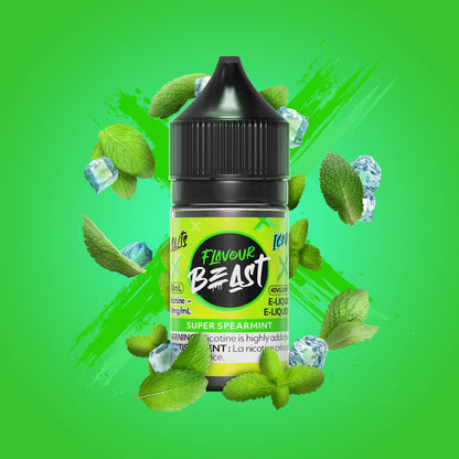 Flavour Beast Super Spearmint 3mg 30mL displayed against an icy, mint-themed background, emphasizing its bold, refreshing flavor.