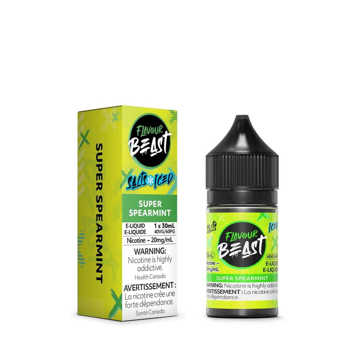 Flavour Beast Super Spearmint with fresh spearmint leaves and ice cubes, highlighting its cool, minty taste.