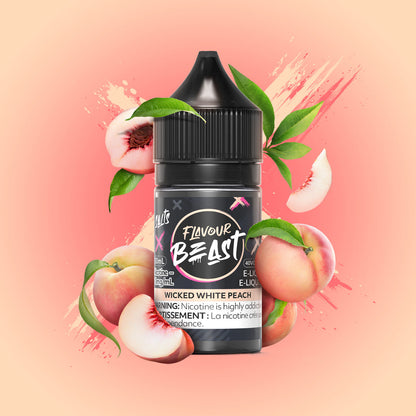 Flavour Beast Wicked White Peach 3mg 30mL displayed against a peach-themed background, emphasizing its juicy, smooth, and elegant flavor.