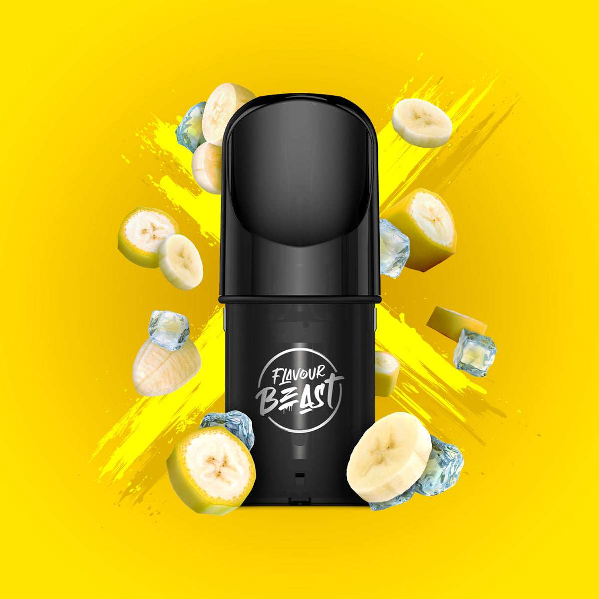Flavour Beast Pod Pack - Bussin Banana Iced displayed against a banana-themed background with icy elements, emphasizing its creamy and refreshing profile.