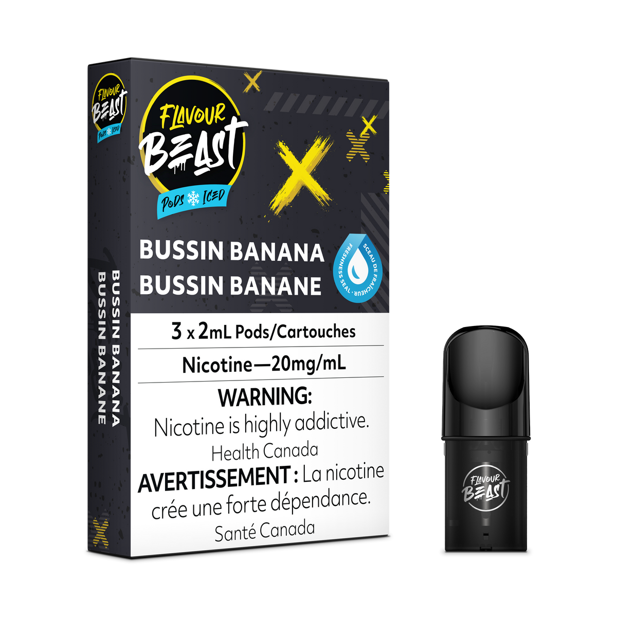 Flavour Beast Pod Pack - Bussin Banana Iced 3-pack up close, showcasing sleek design and creamy banana flavor.
