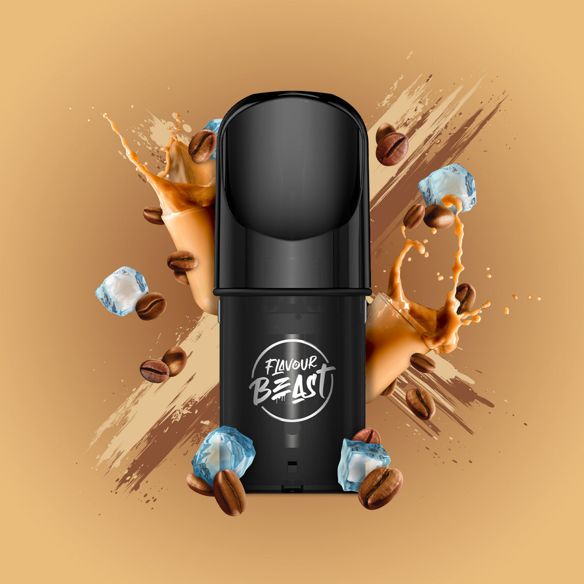 Flavour Beast Pod Pack - Chillin' Coffee Iced displayed against a coffee-themed background with icy elements, emphasizing its smooth and frosty essence.