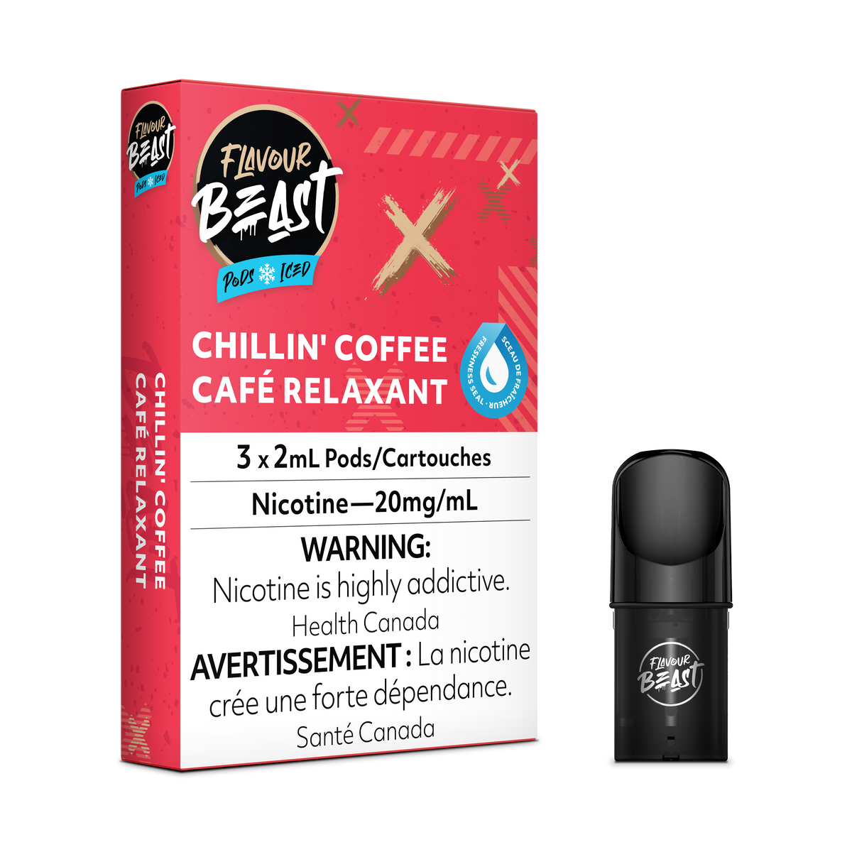 Flavour Beast Pod Pack - Chillin' Coffee Iced placed with a frosty iced coffee cup, highlighting its bold and refreshing profile.