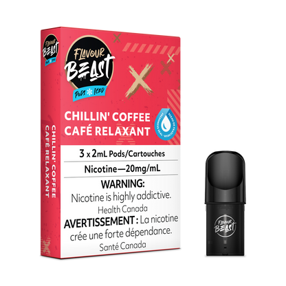 Flavour Beast Pod Pack - Chillin' Coffee Iced placed with a frosty iced coffee cup, highlighting its bold and refreshing profile.