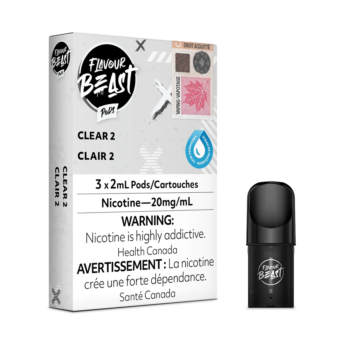 Flavour Beast Pod Pack - Clear 2 placed with a minimalistic setup, emphasizing its clean and pure essence.