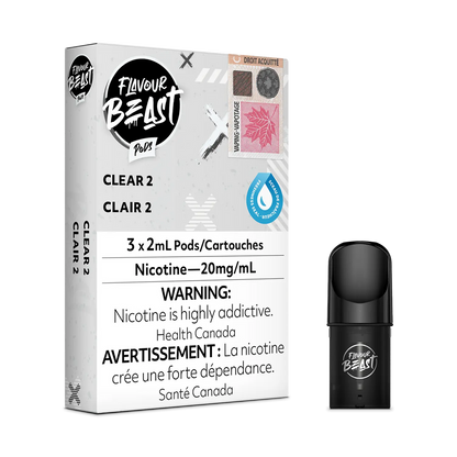 Flavour Beast Pod Pack - Clear 2 placed with a minimalistic setup, emphasizing its clean and pure essence.