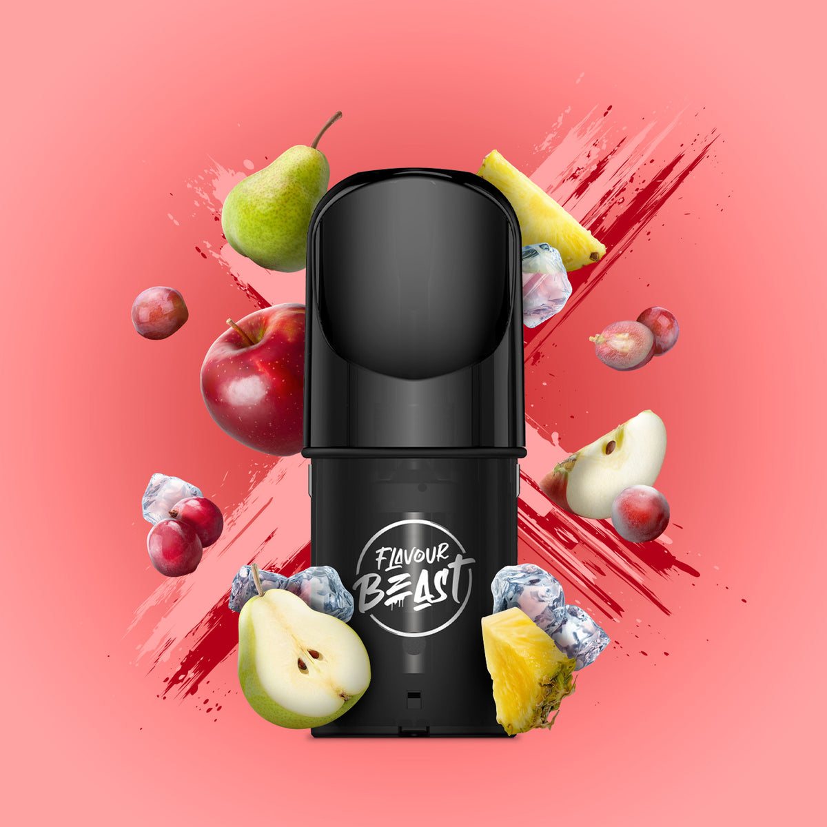 Flavour Beast Pod Pack - Famous Fruit KO Iced displayed against a vibrant fruit-themed background with icy elements, emphasizing its knockout fruity profile.
